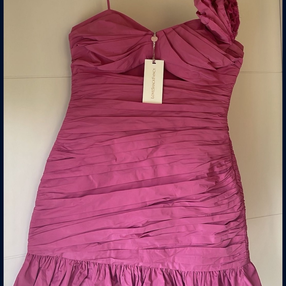 LoveShackFancy Rose Pink Ruched Cocktail Dress